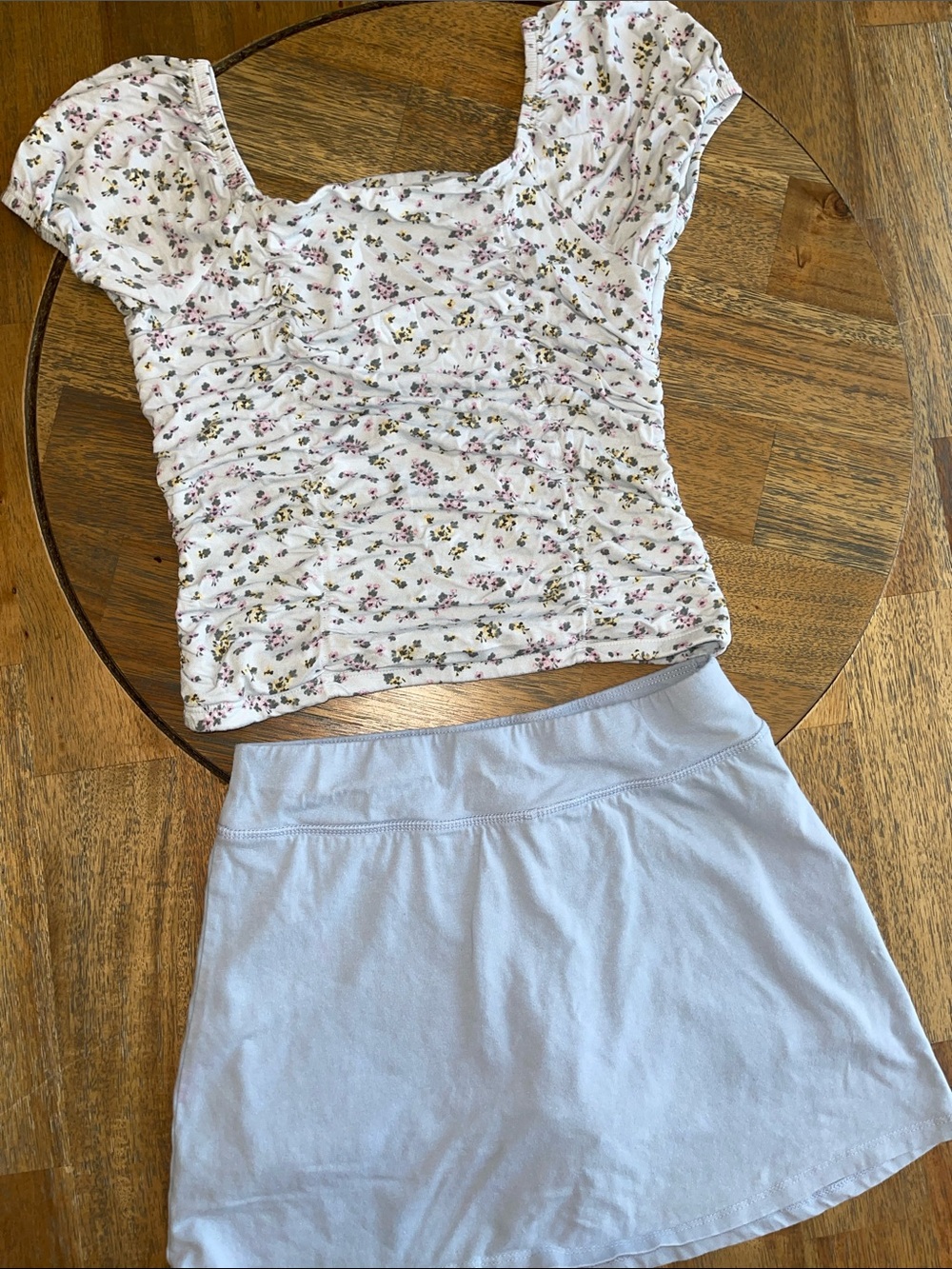 Light Blue Floral Ruched Top with‎ Light Blue Skirt
